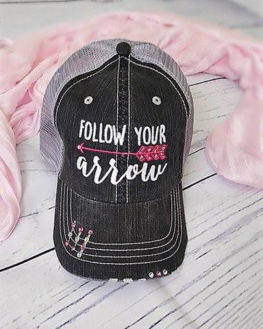 Ladies Distressed Trucker Hat "Follow Your Arrow" w/BLING