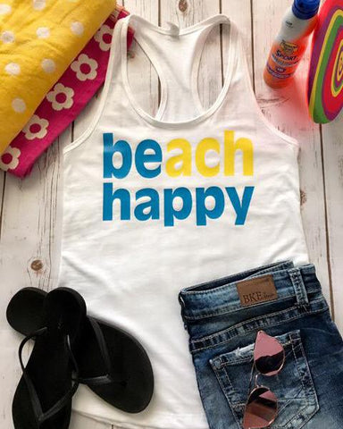 Beach Happy Racerback Tank Top, Be Happy, Summer, Fun Tank, beachwear, beach vacation, swim cover-up, beach, beach tee,