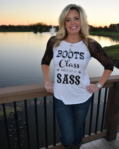Ladies Boots Class and Sass Lace Sleeve T-shirt