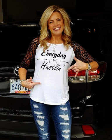 Ladies Everyday I'm Hustlin' Lace Sleeve T-shirt