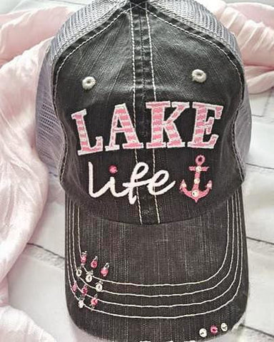 Distressed Trucker Hat "Lake Life" with Bling