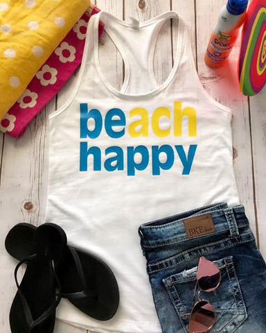 Beach Happy Racerback Tank Top, Be Happy, Summer, Fun Tank, beachwear, beach vacation, swim cover-up, beach, beach tee, 